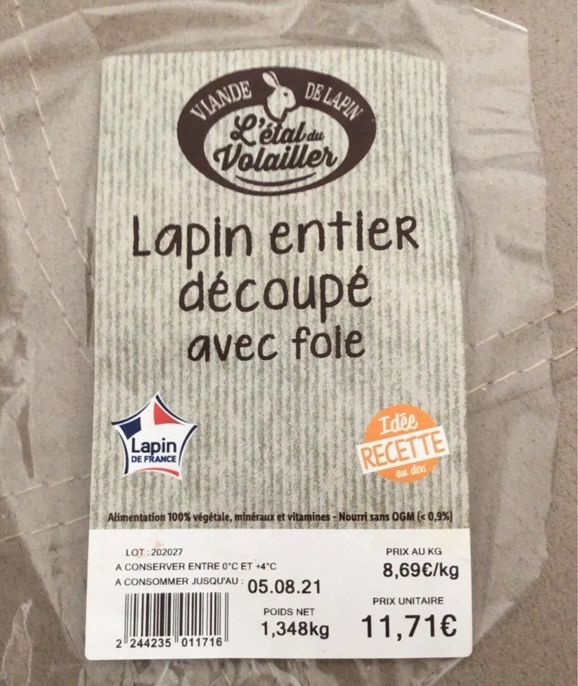 Lapin entier decoupé avec foie