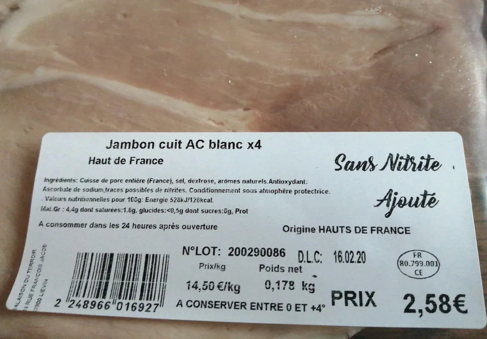 Jambon cuit AC Blanc sans nitrite ajoutée