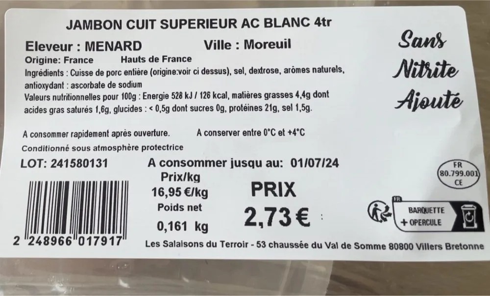 Jambon blanc supérieur cuit