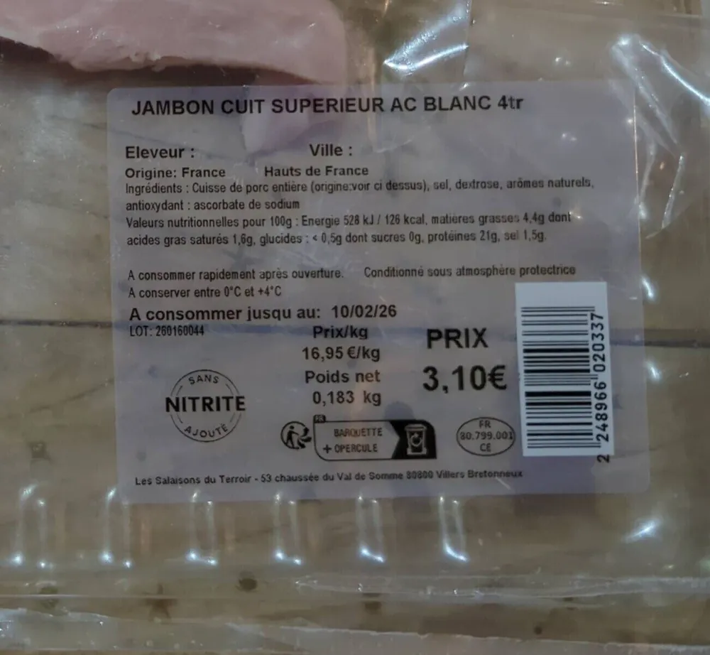 Jambon cuit supérieur ac blanc