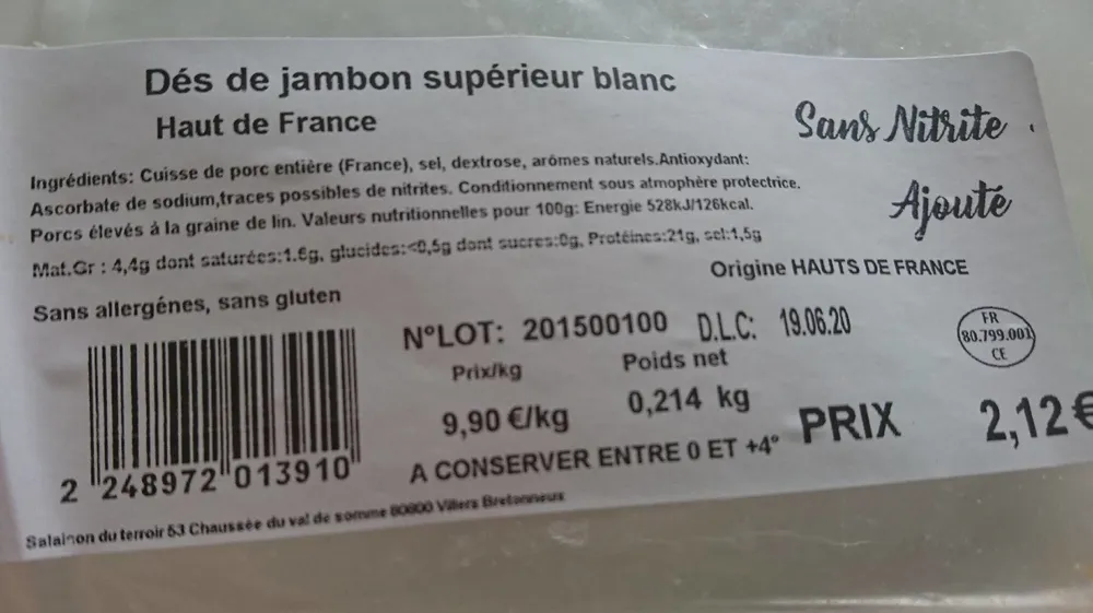 Dés de jambon supérieur blanc