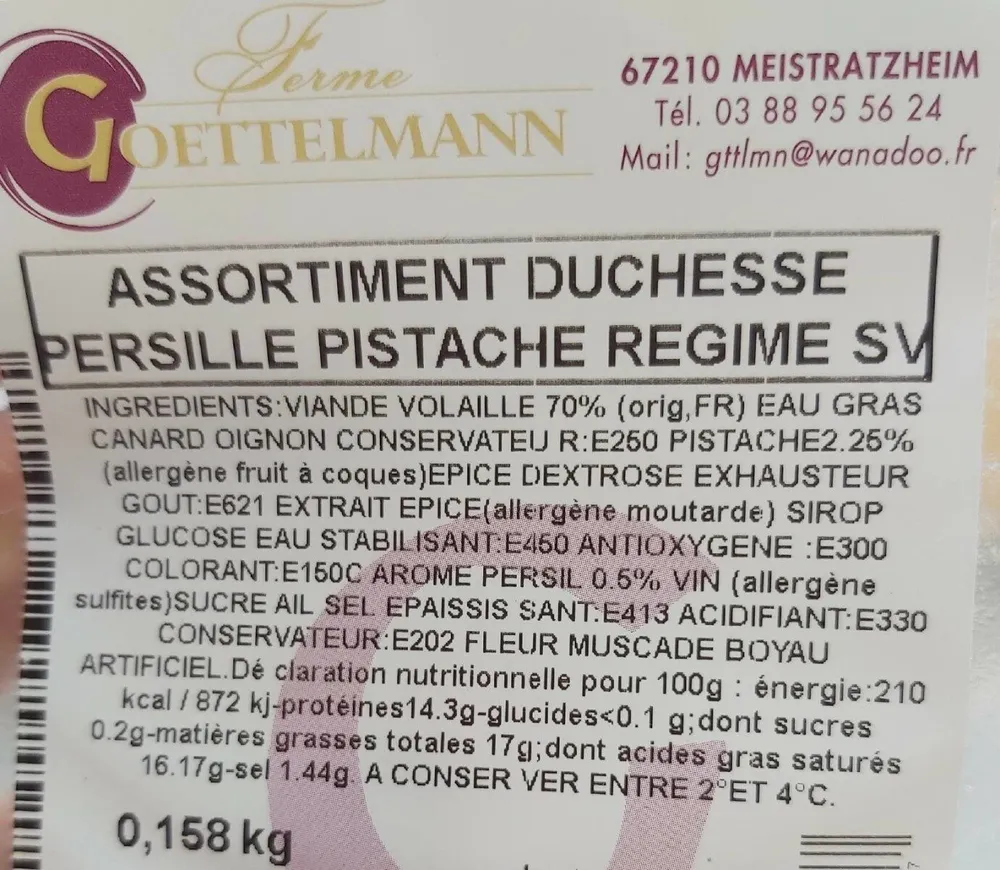 Assortiment duchesse persillé pistache regime sv