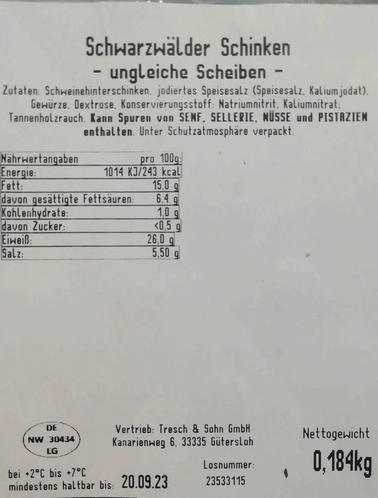 Schwarzwälder Schinken, ungleiche Scheiben