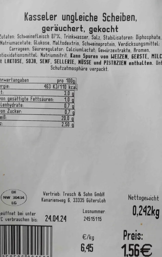 Kasseler, ungleiche Scheiben, geräuchert, gekocht