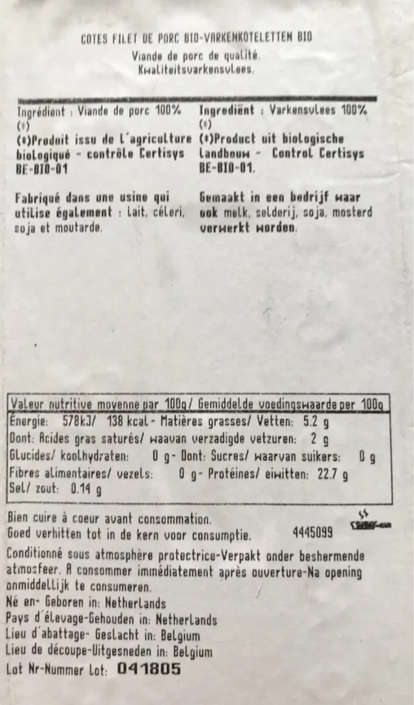 Cotes filet de porcs bio