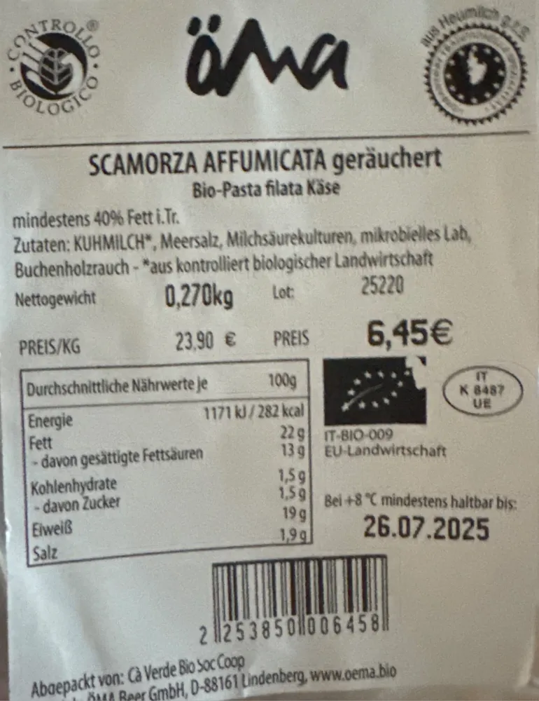 SCAMORZA AFFUMICATA geräuchert Bio-Pasta filata Käse