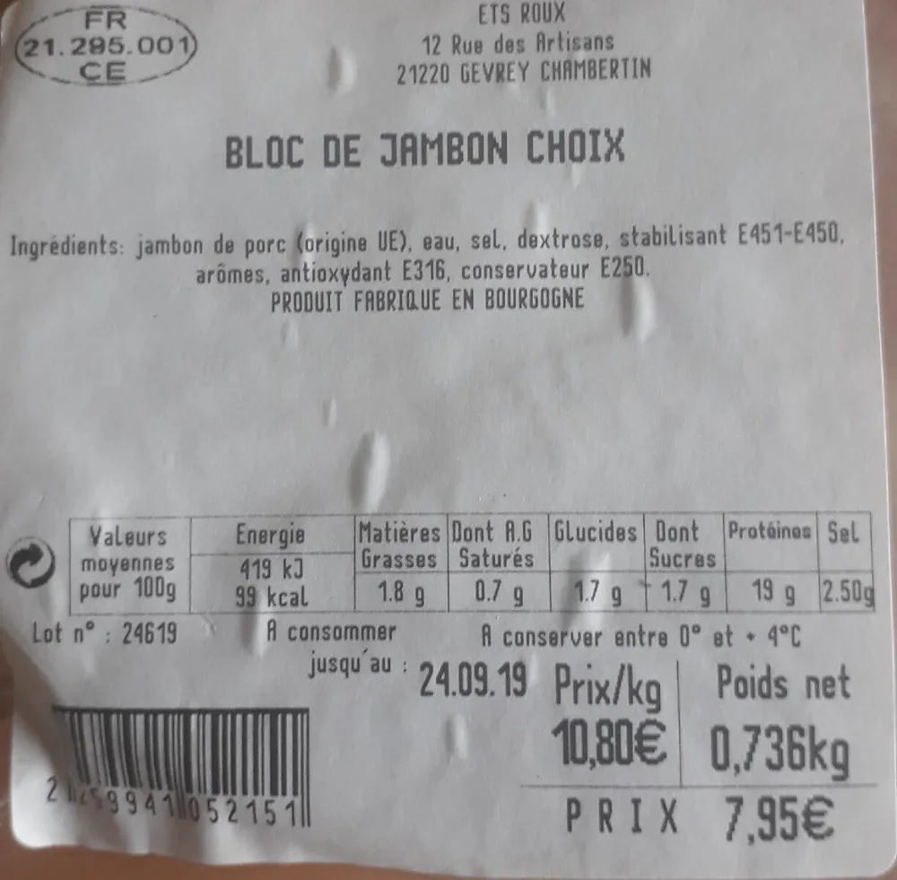 Bloc de jambon choix