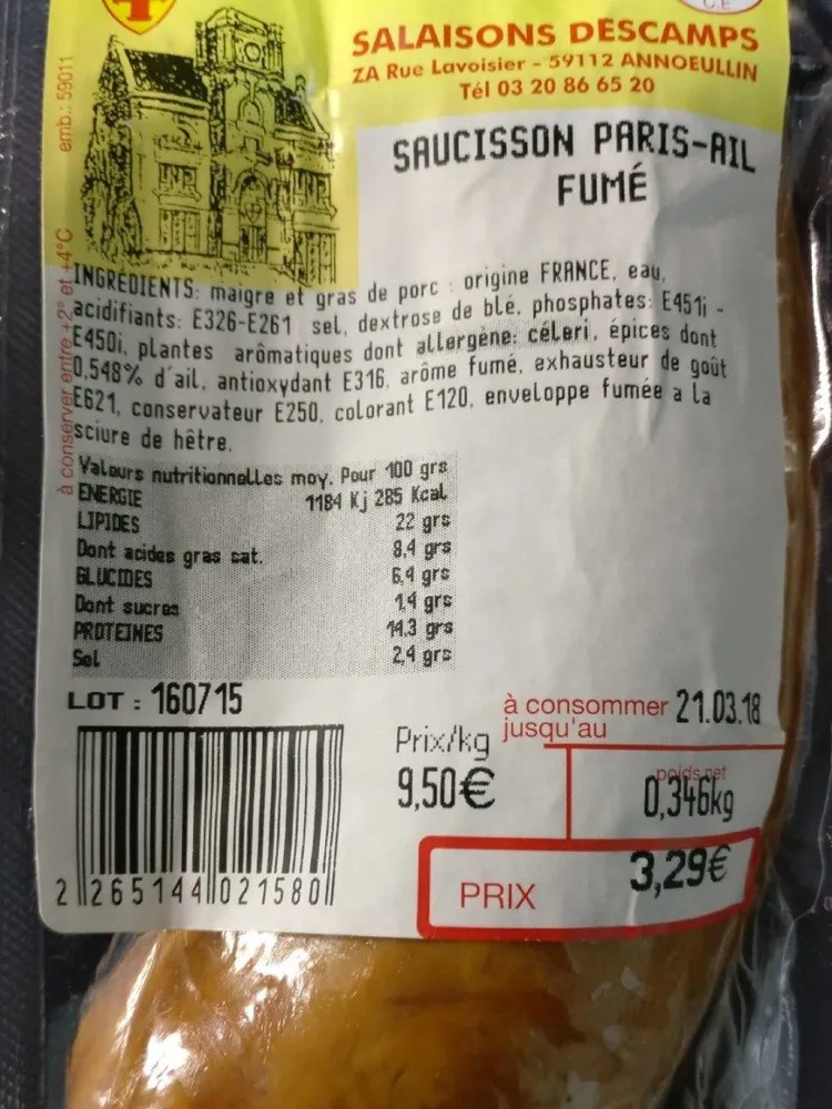 Saucisson paris-ail fumé