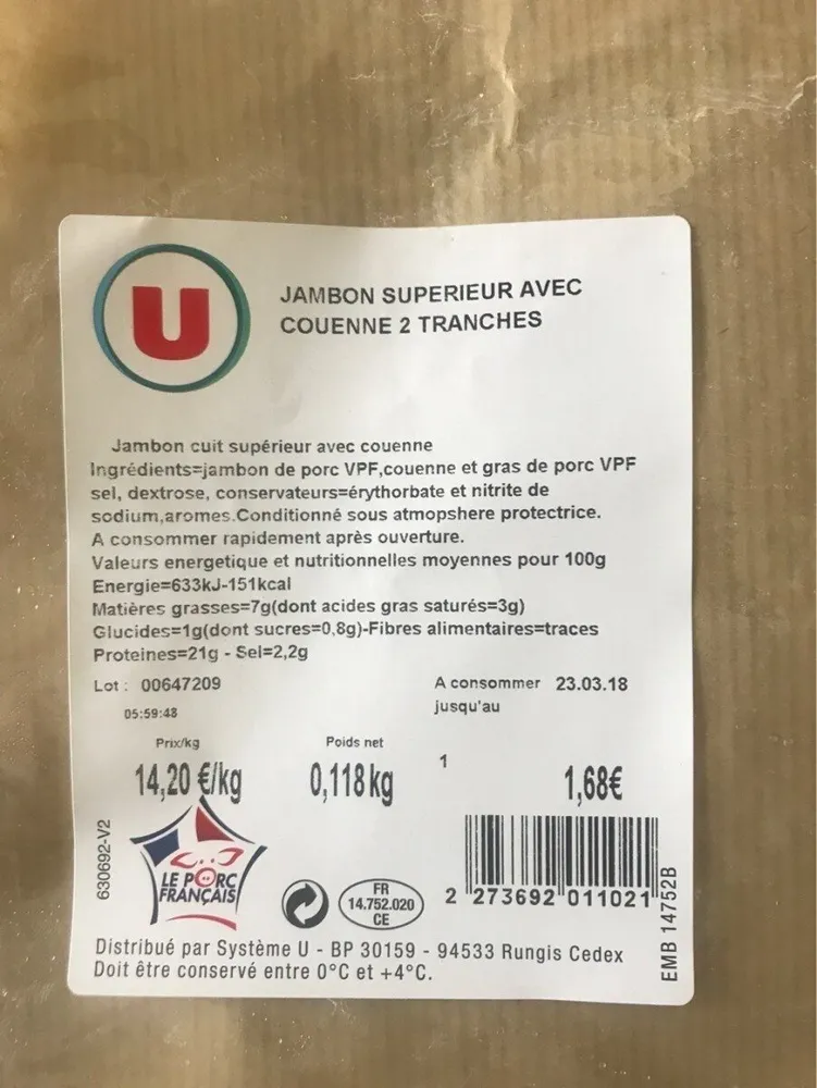 Jambon superieur avec couenne 2 tranches