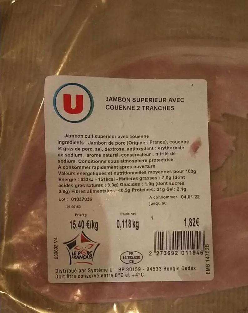 Jambon supérieur avec couenne 2 tranches