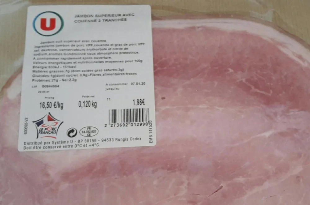 Jambon supérieur avec couenne 2 tranches