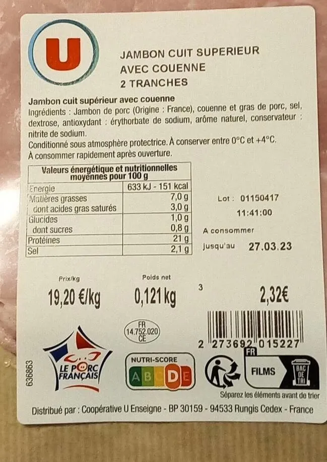 Jambon cuit supérieur avec couenne