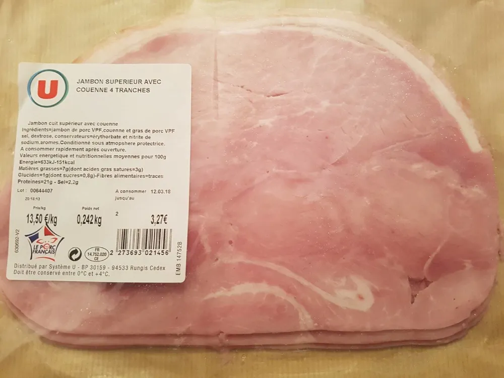Jambon cuit supérieur avec couenne