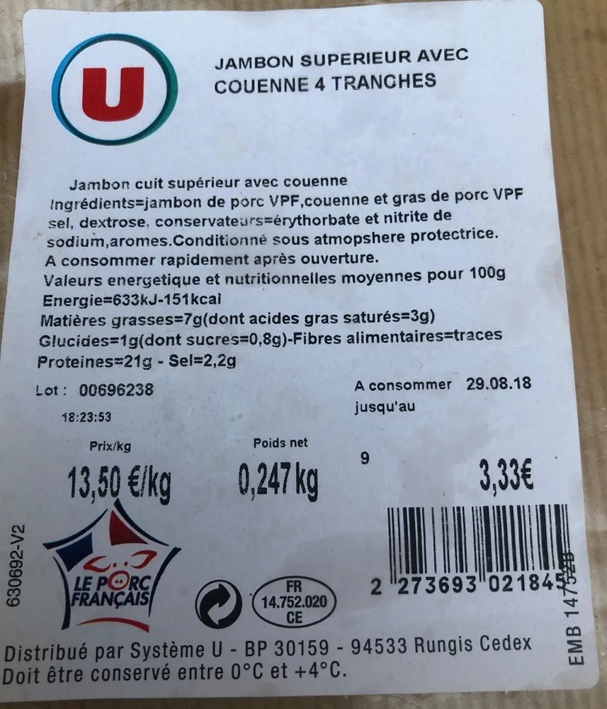 Jambon supérieur avec couenne 4 tranches