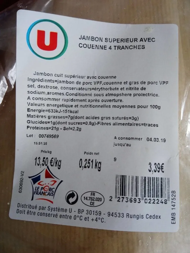 Jambon supérieur avec couenne 4 tranches