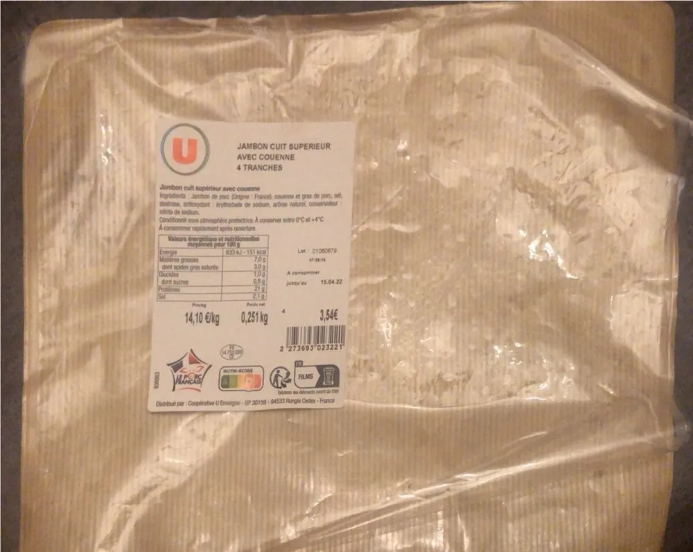 Jambon cuit superieur avec couenne 4 tranche