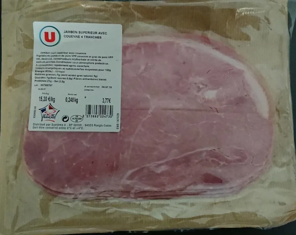 Jambon cuit supérieur avec couenne 4 tranche
