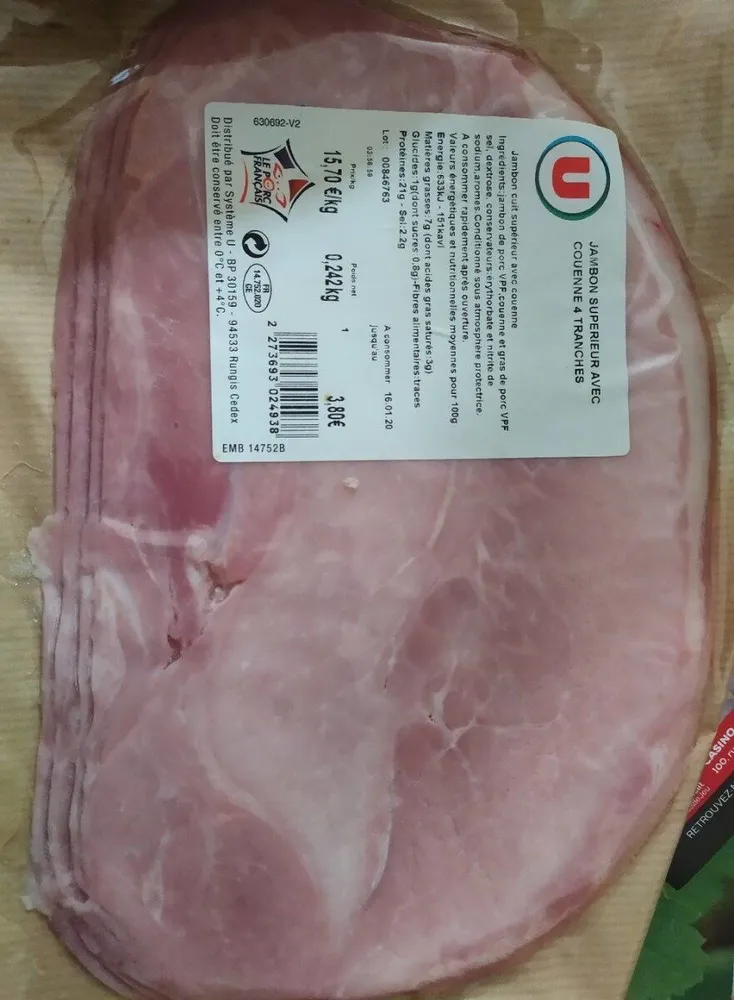 Jambon supérieur avec couenne 4 tranches