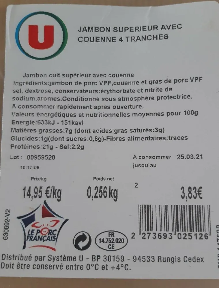 Jambon Supérieur avec couenne 4 tranches