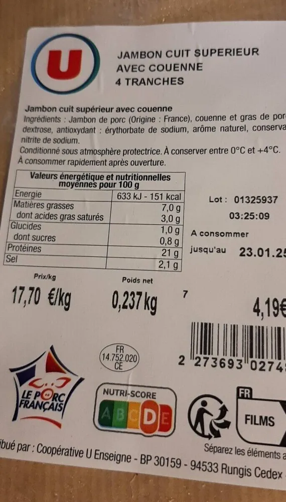 Jambon cuit supérieur avec couenne