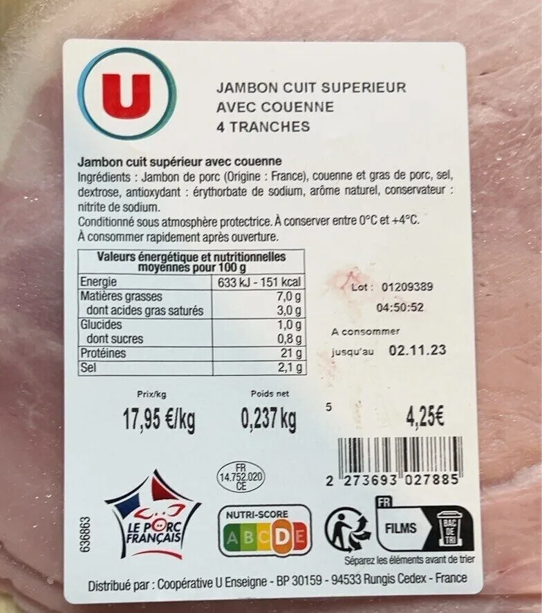 Jambon cuit Supérieur avec couenne 4 Tranches