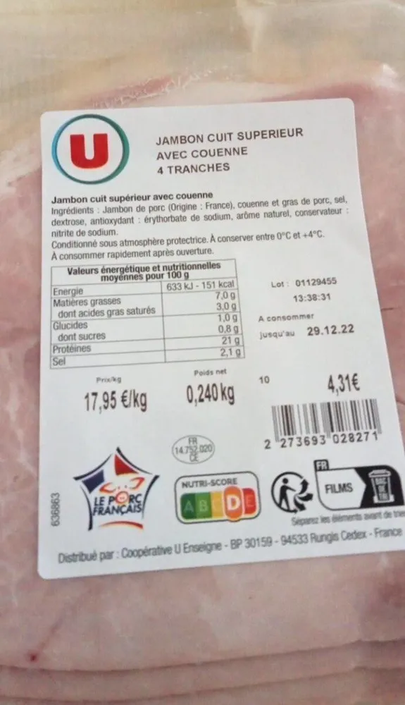 Jambon cuit supérieur avec couenne