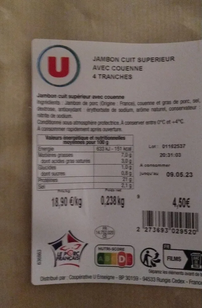 Jambon cuit supérieur avec couenne