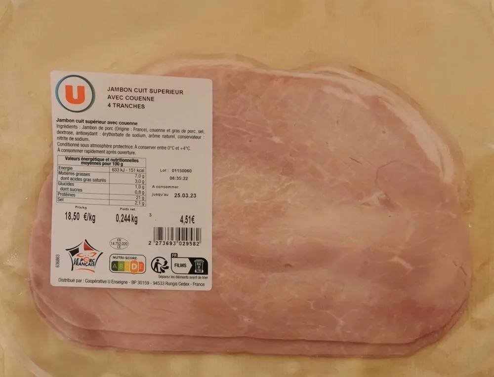 Jambon cuit supérieur avec couenne 4 tranches