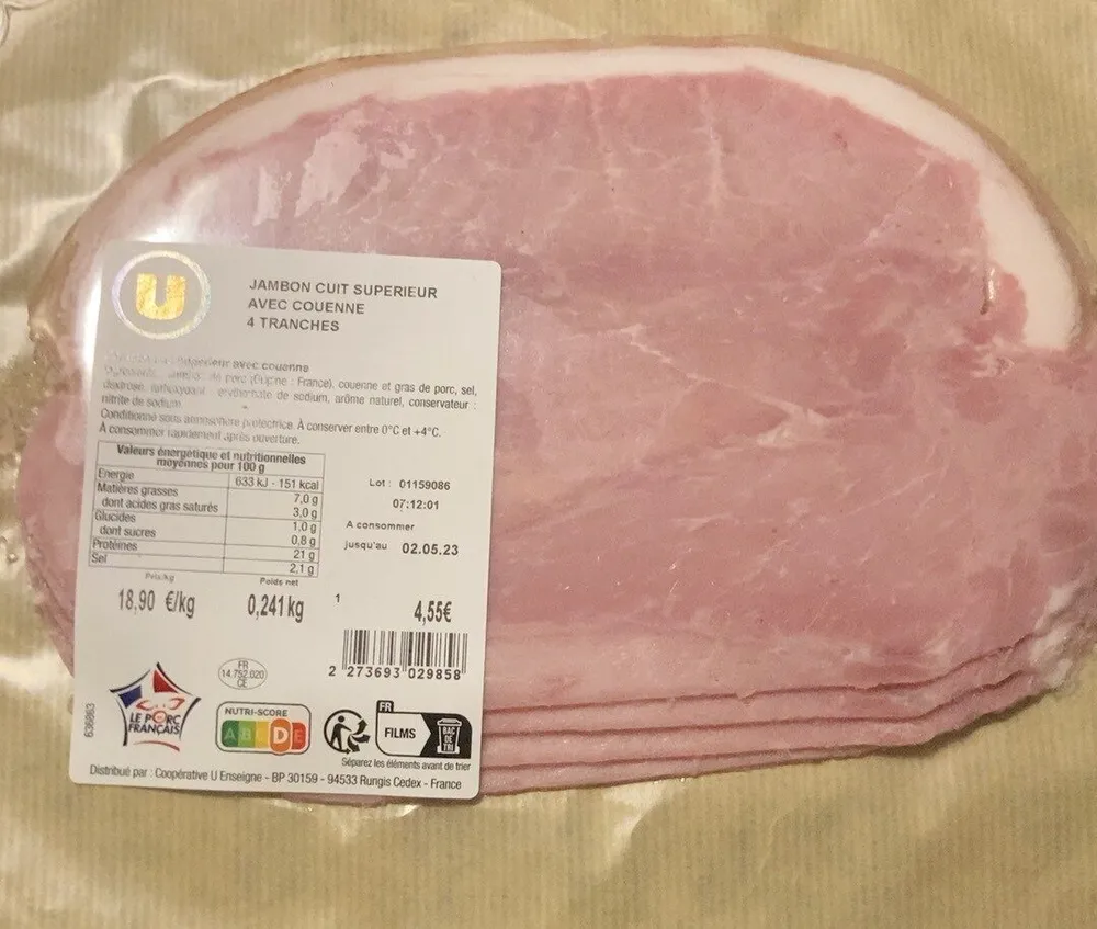 Jambon cuit supérieur avec couenne 4 tranches