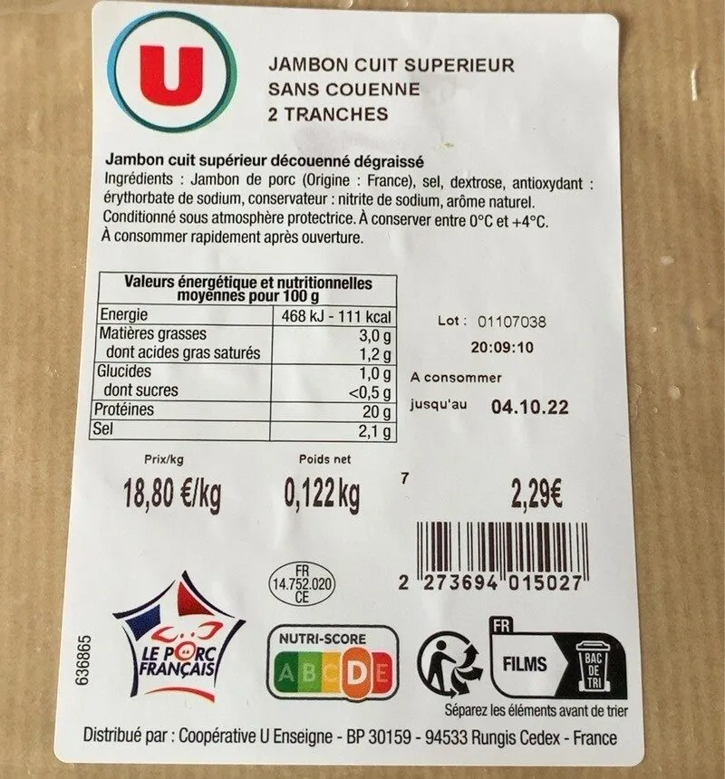 Jambon cuit superieur sans couenne