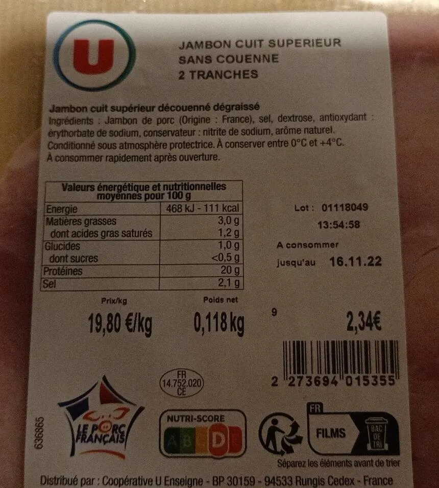 Jambon cuit supérieur sans couenne