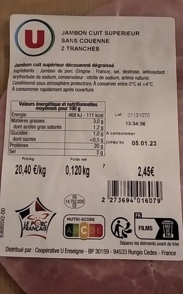 Jambon cuit supérieur sans couenne