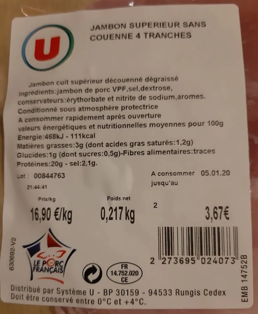 Jambon Supérieur sans couenne 4 tranches