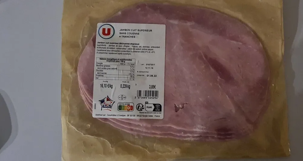 Jambon cuit supérieur sans couanne