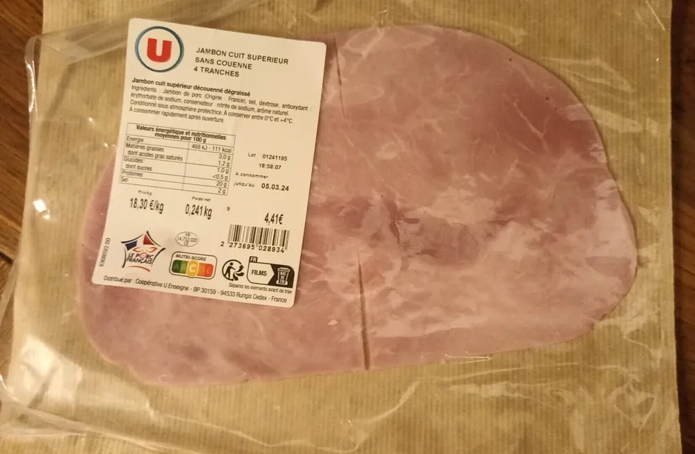 Jambon cuit supérieur sans couenne 4 tranches