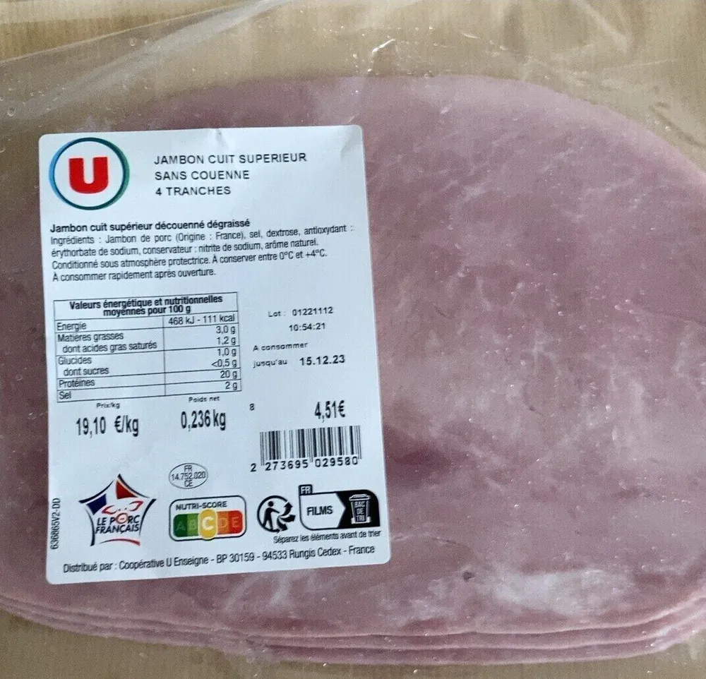 Jambon cuit supérieur sans couenne