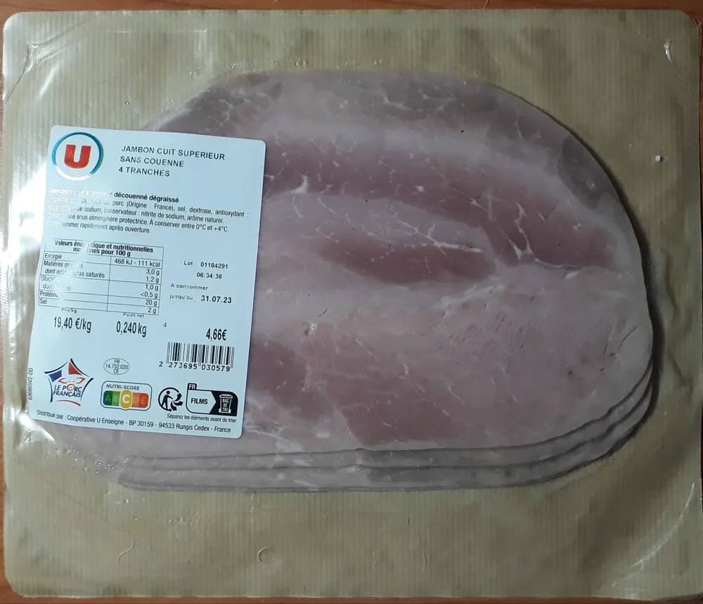 Jambon cuit supérieur sans couenne