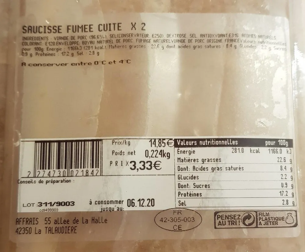 Saucisse fumée cuite