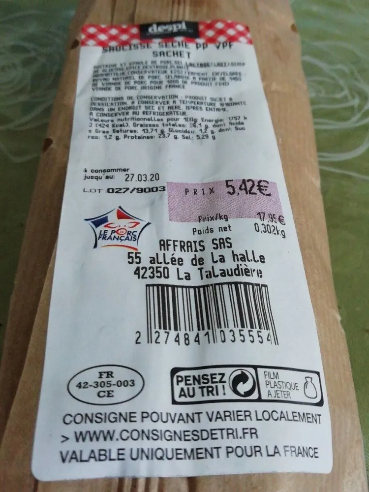Saucisse sèche pur porc