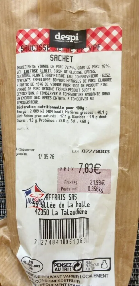 Saucisse sèche PP VPF