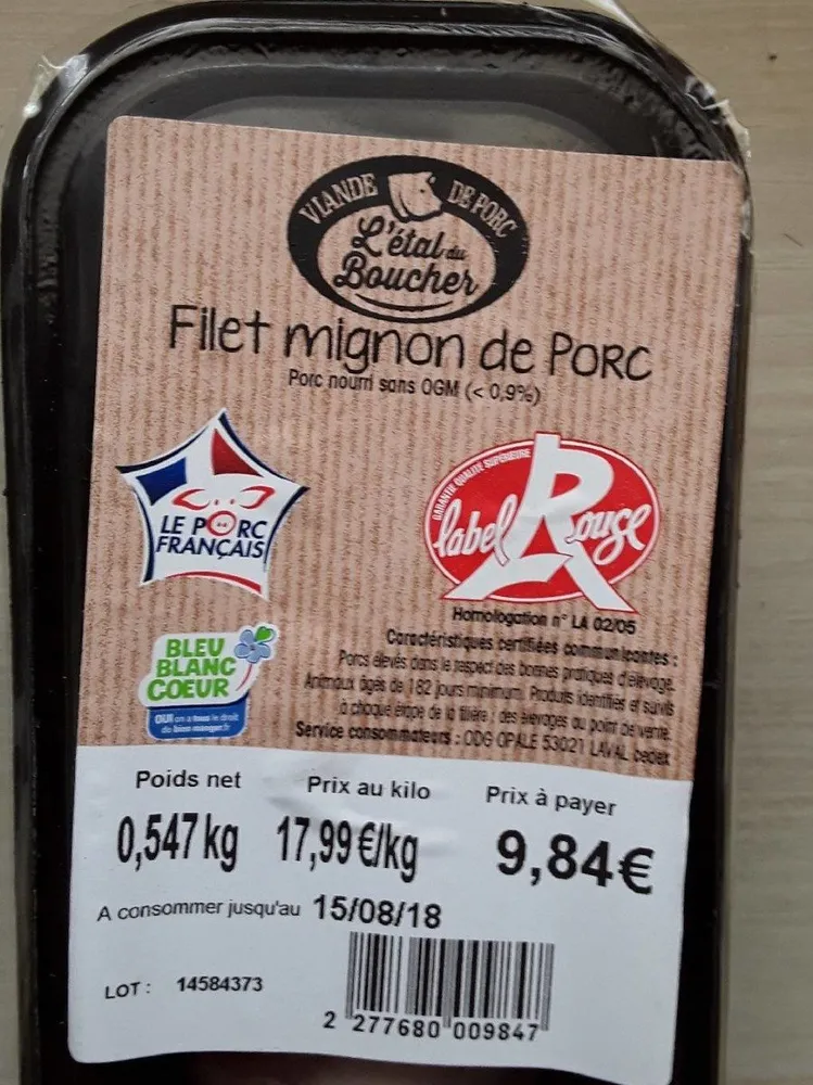 Filet mignon de porc Label rouge Bleu blanc coeur