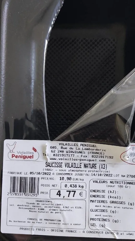 Saucisse volaille nature