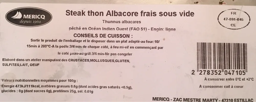 Steak de thon albacore frais sous vide