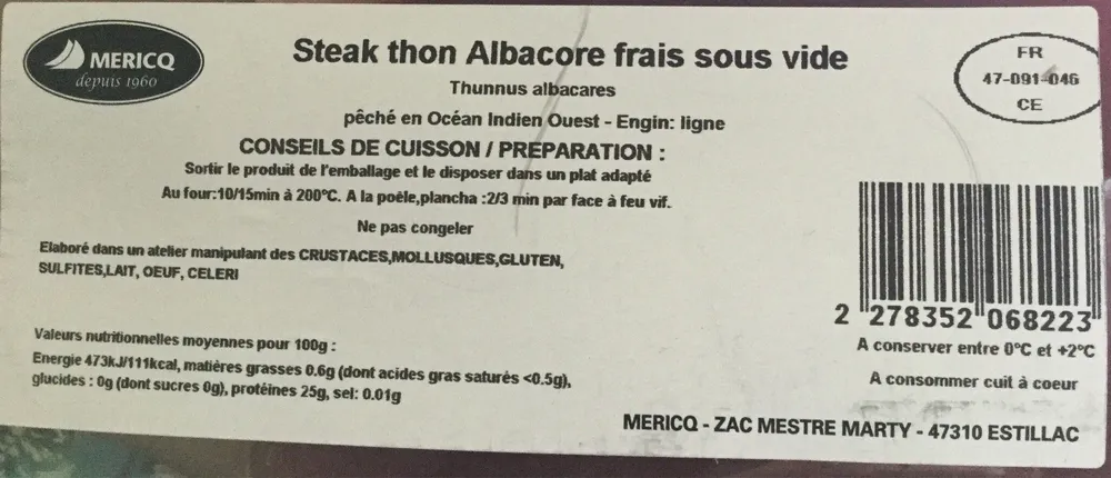 Steak thon Albacore frais sous vide