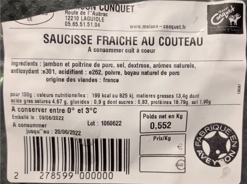 Saucisse fraîche au couteau