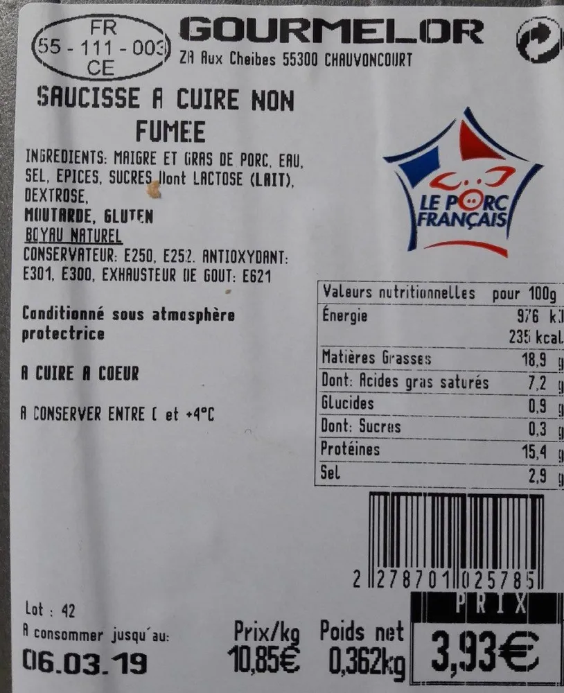Saucisse à cuire non fumée