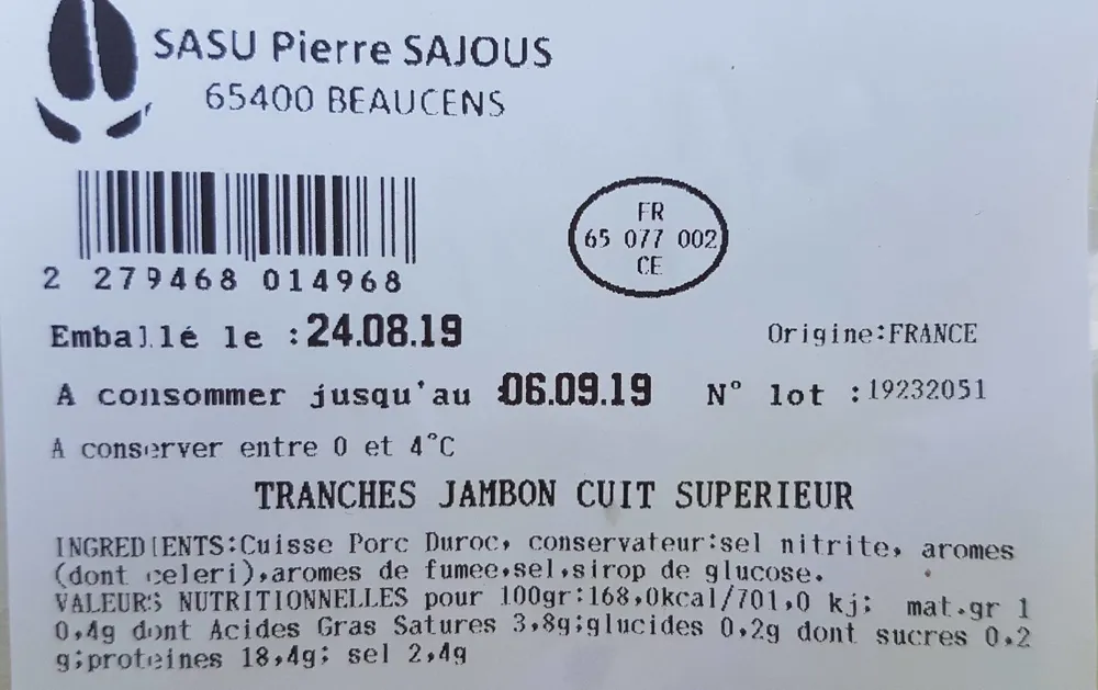 Tranches jambon cuit supérieur