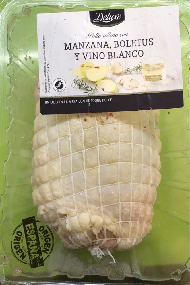 Pollo relleno con manzana, boletus y vino blanco