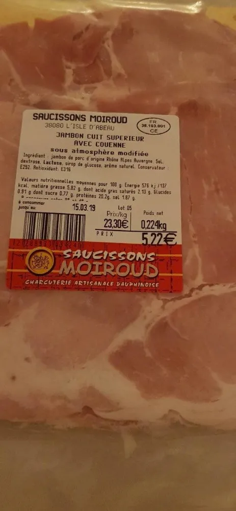 Jambon cuit supérieur avec couenne