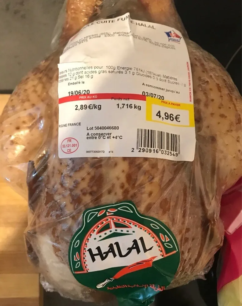 Poulet cuit fumé halal